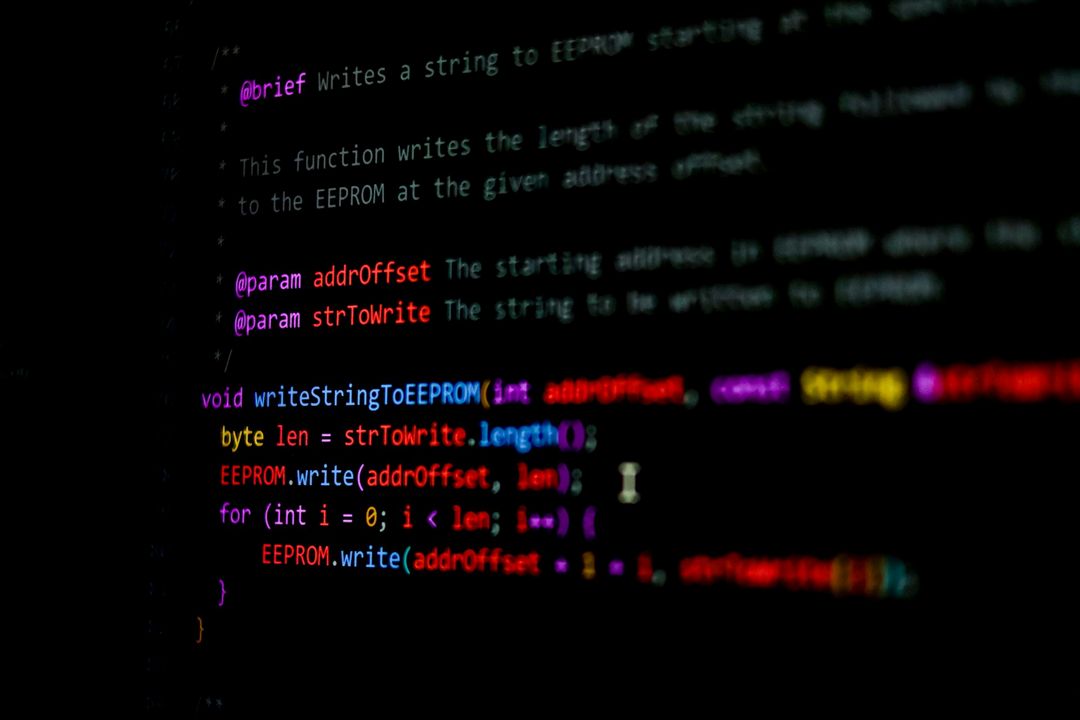 Скриншот кода на C++ в Arduino IDE для записи строки в EEPROM микроконтроллера. Код включает функцию writeStringToEEPROM с параметрами addrOffset и strToWrite, демонстрируя работу с памятью.